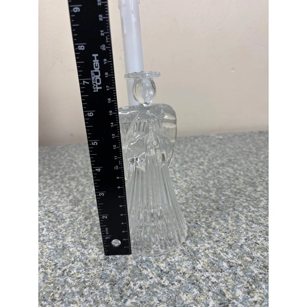 Unbranded Glass Angel Taper Candle Holder Clear Ribbed Praying Figurine 6.25in